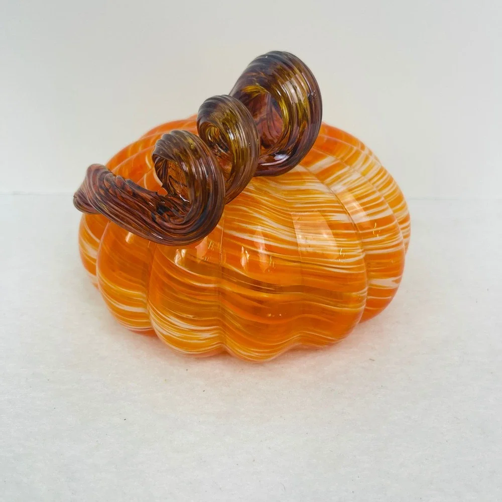 Hand Blown Glass Pumpkin Orange White Swirl Amber Curly Stem Fall Decor 5x4